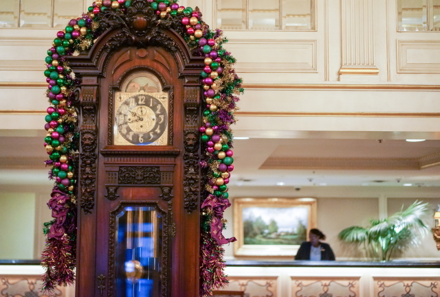 As you arrive to Hotel Monteleone for Mardi Gras, you'll be greeted by festive decorations.