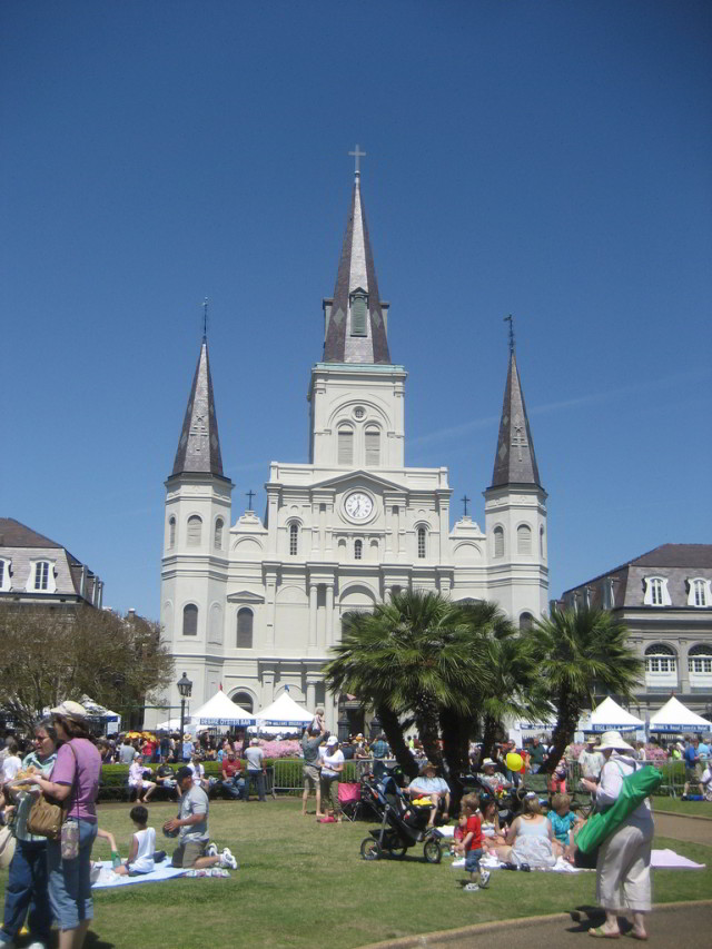 Hotel Monteleone is just a short walk from Jackson Square, which plays host to many of the musicians and food vendors featured at French Quarter Festival. Photo courtesy Infrogmation via Flickr.